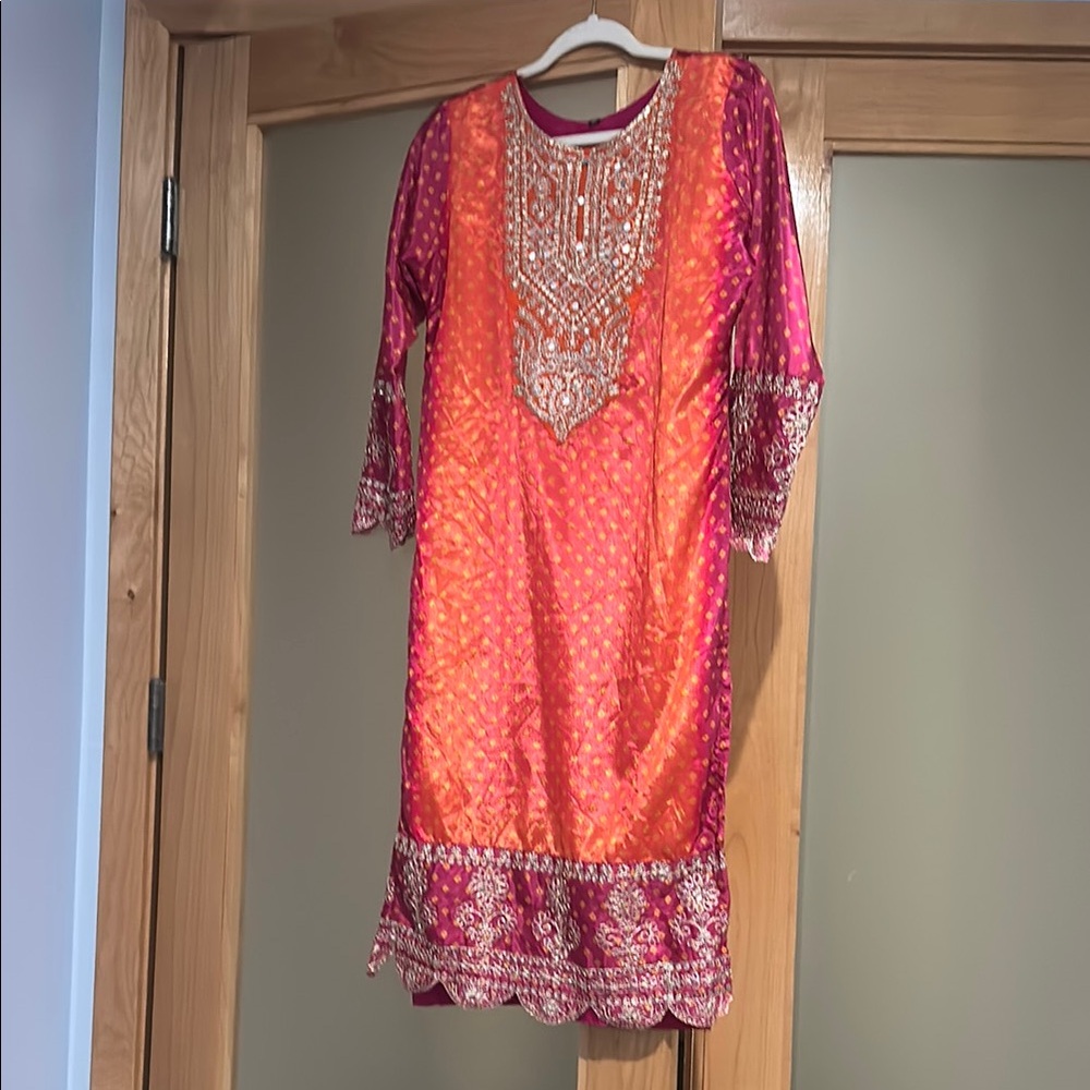 Vibrant Orange and Pink Embroidered Indian 3 piece set. Top, bottom, scarf.